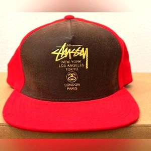 Stussy Cities Leather Strapback Hat | Bred & Gold